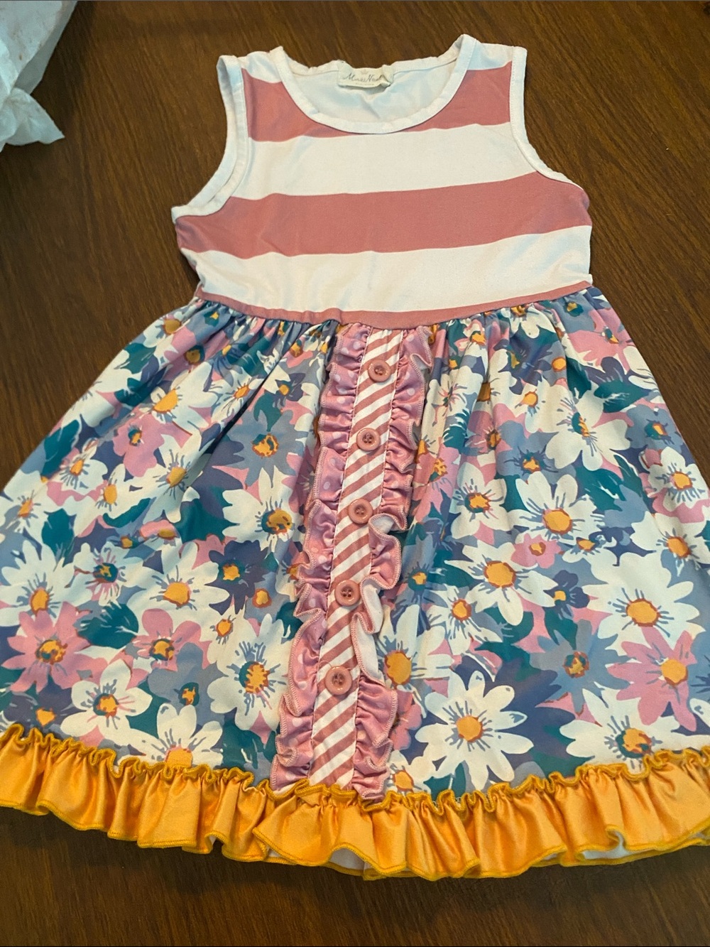 Girls' Pink Striped Bodice Floral Skirt Sundress with Yellow Hem